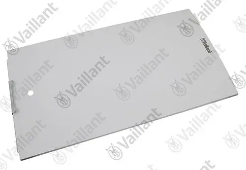 Vaillant Frontblech in silberner Farbe, rechteckig mit einer Halterung auf der linken Seite und einem Loch, zur Verwendung in Heizungsanlagen.